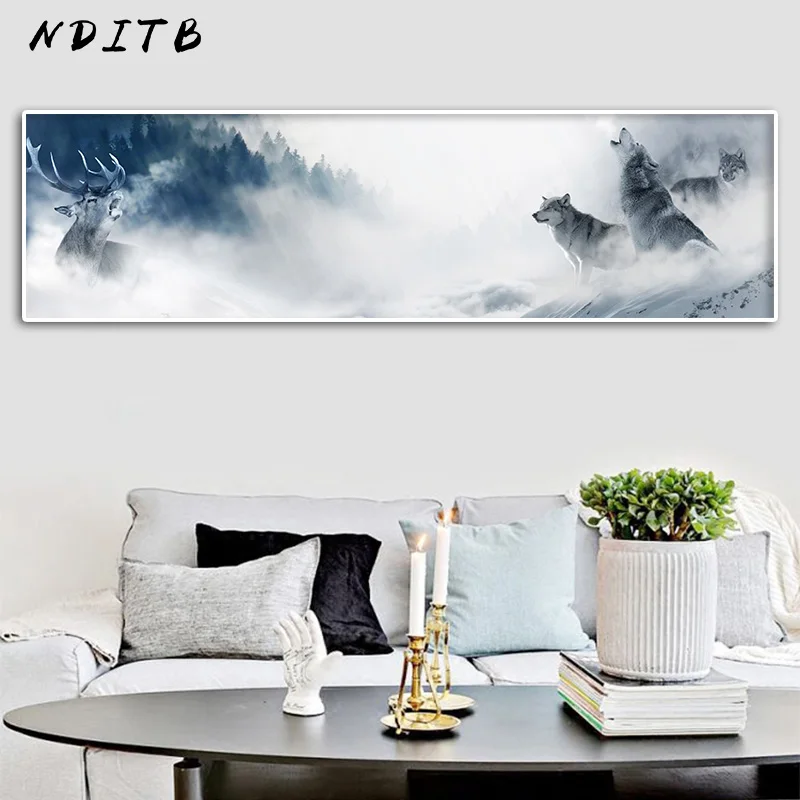 NDITB, волк, снег, горы, холст, плакат, пейзаж, стены, искусство, печать, длинный баннер, живопись, природа, скандинавские украшения, картина