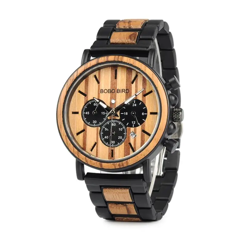 BOBO BIRD деревянные часы для мужчин Секундомер Хронограф relojes hombre Показать дату деревянные кварцевые наручные часы Мужские часы в подарочной коробке - Цвет: P09-1 WOOD STRAP