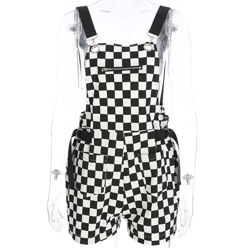 plaid Harajuku Уличная Брюки карго карман на молнии Прямые резинка с пряжкой ремень Комбинезоны на подтяжках ползунки короткая проверка плед панк хип хоп Fit - Цвет: plaid