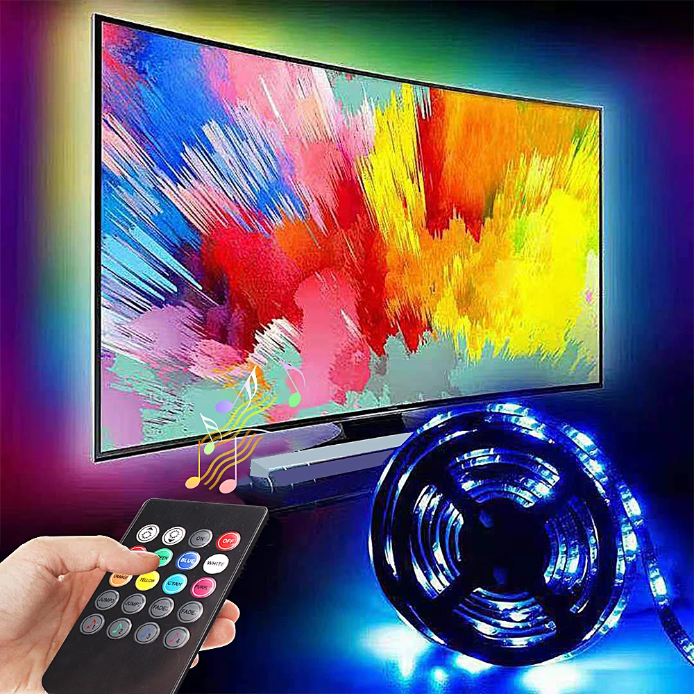 5 В USB Светодиодная лента 5050 RGB ТВ ПОДСВЕТКА 30 светодиодный s/m со звуковым датчиком 20Key RF музыкальный контроллер 50 см 1 м 2 м набор RGB светодиодный лента