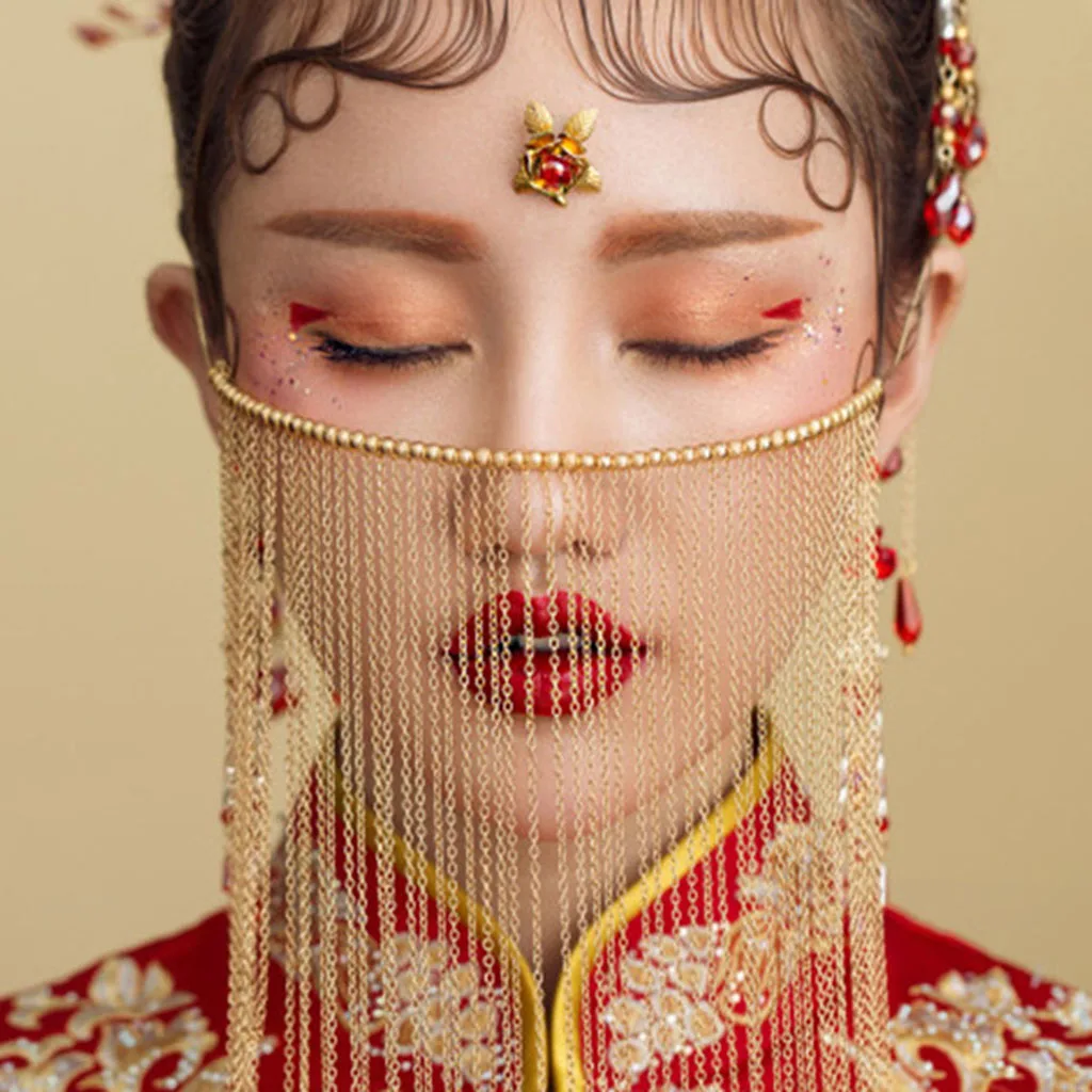 Traditional Chinese gold coloren Chain Tassel Red Beads Bridal Wedding Veil Curtain Fringed Elegant Fashion | Украшения и
