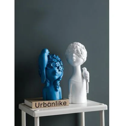 Nordic Style Resin Cute Blue White Bird Girls Decorative Figurines Office Livingroom Desktop Statue Home Furnishing Decor Crafts - Цвет: style3--2PCS
