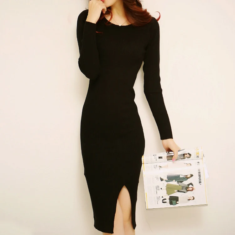 Женское трикотажное платье-свитер длинное облегающее платье-карандаш до колена