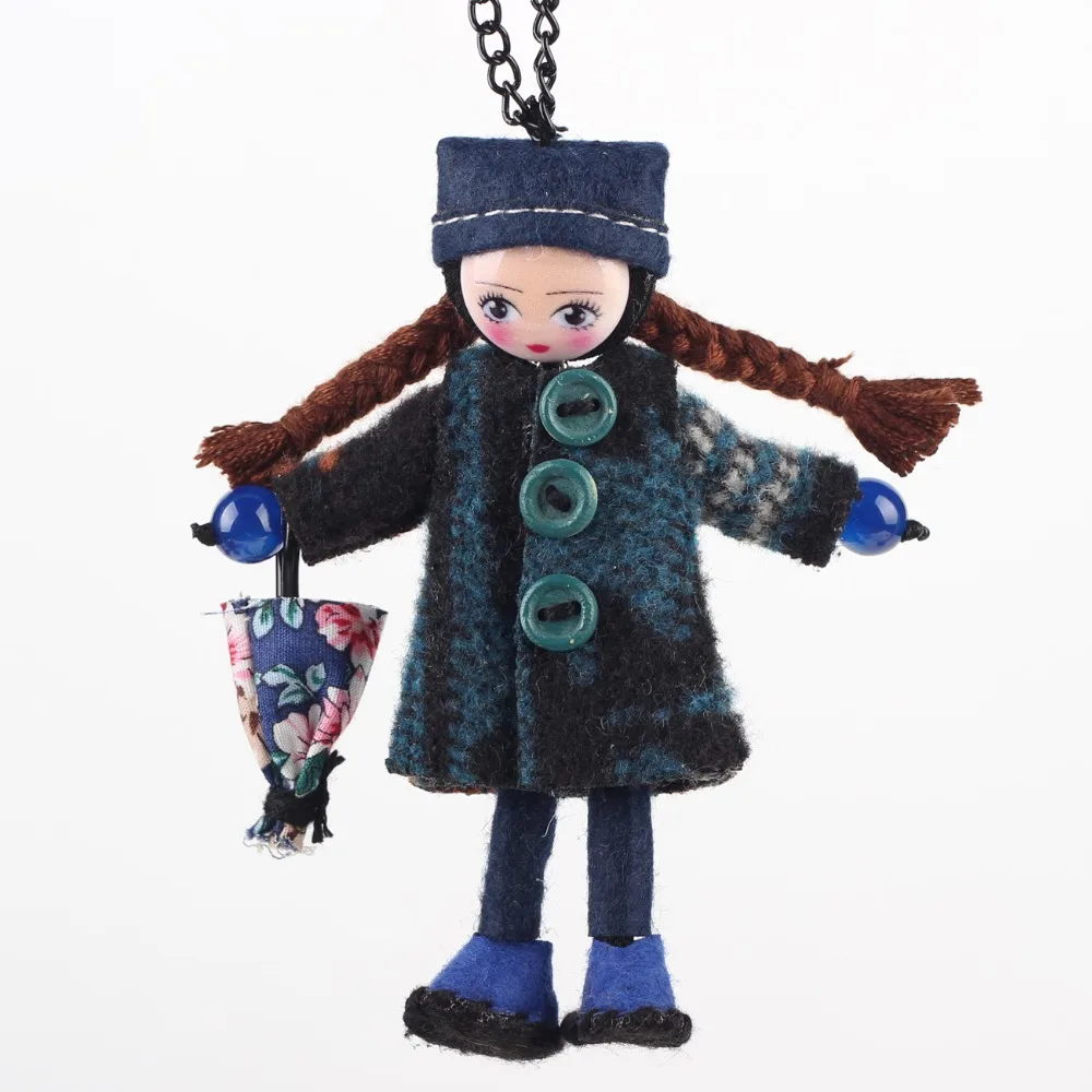 Bonsny Handmade Doll Necklace French Girl Statement Fabric Long Chain Pendants 2016 New Cute Choker Girls Women Accessories | Украшения и