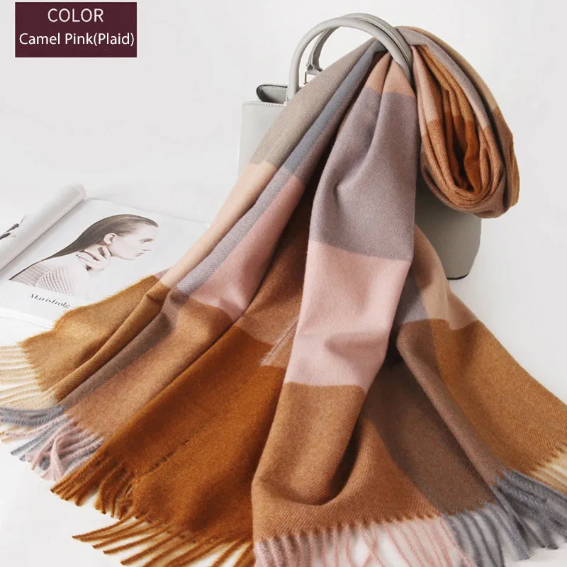 Blue Camel Plaid Женские пончо палантины зимний шарф женские кашемировые шерстяные шарфы шали Мягкий шарф для женщин шерстяные пашмины зимние теплые шали - Цвет: Blue Camel Plaid