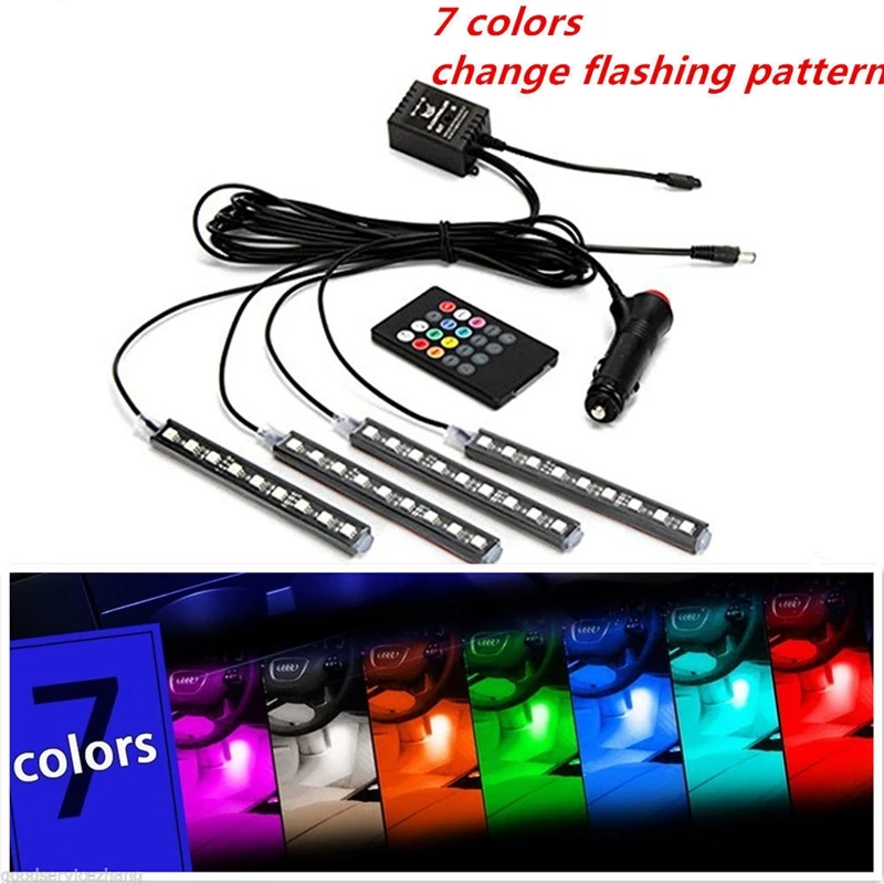 

RGB 4x 36 LED Car Charge 12V 10W Glow Interior Decorative 4in1 Atmosphere Blue Inside Foot Light Lamp Remote Control
