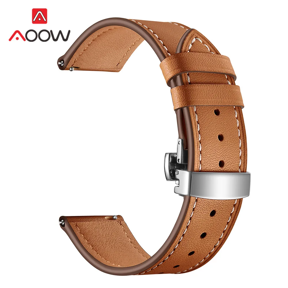 Brown silver 20 мм 22 мм ремешок из натуральной кожи для samsung Galaxy Watch Active 42 мм 46 мм Бабочка Пряжка браслет ремешок аксессуары - Цвет ремешка: Brown silver