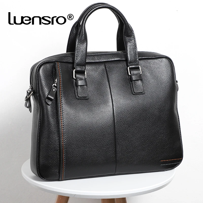 

LUENSRO 100% Genuine Leather Men's Briefcase Fashion Large Capacity Business bag Black Male Shoulder Laptop Bag Men Briefcase