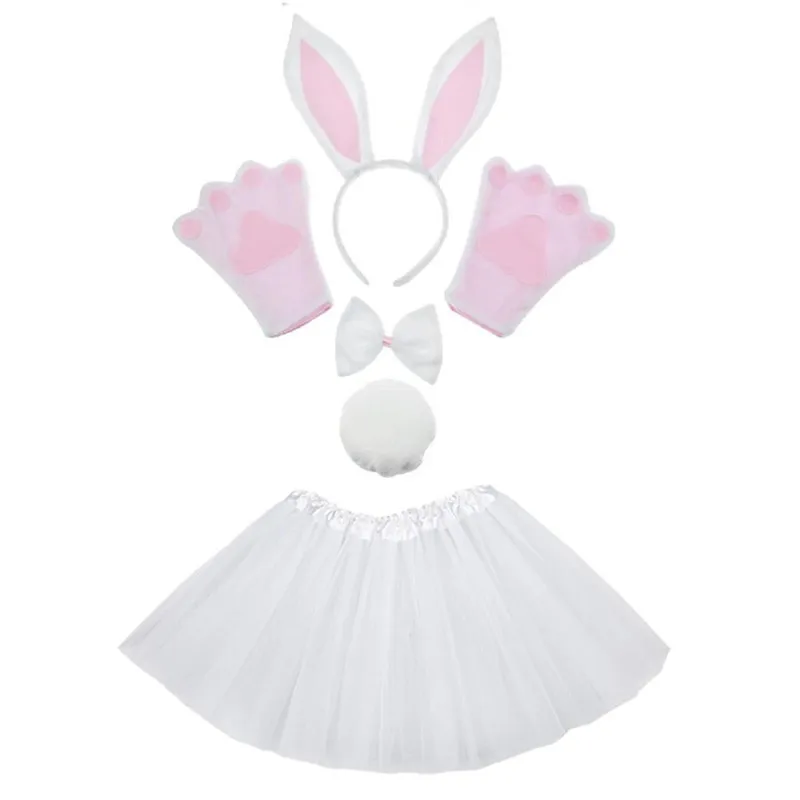 

Children Adults Long Bunny Ear Headband Bow Tie Tail Paws Gloves Tutu Skirt Cosplay Props Party Performance Costume Set