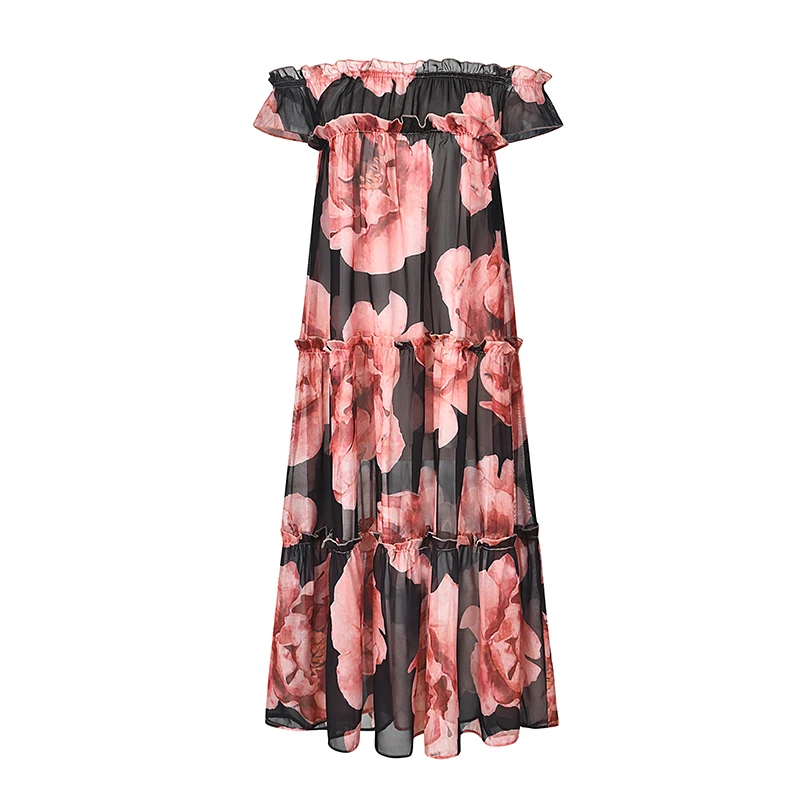 Лето 2019 красное платье с цветочным принтом цельное воротником Пляжное