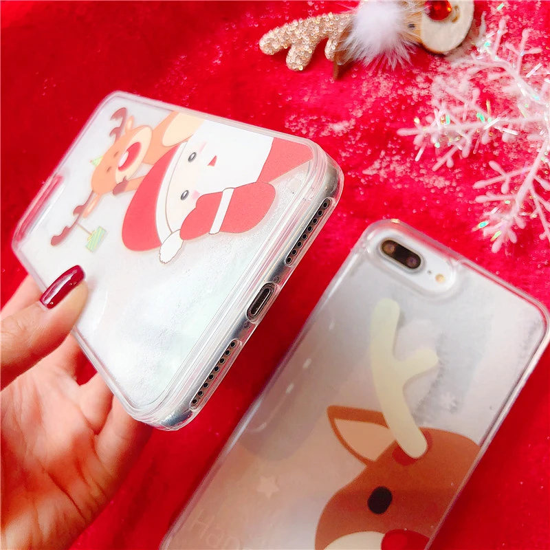 Merry Christmas phone case for iPhone XR XS Max X 6 6S 7 8 Plus Liquid Dynamic snowman deer hard PC +TPU Mobile Back Cover |
