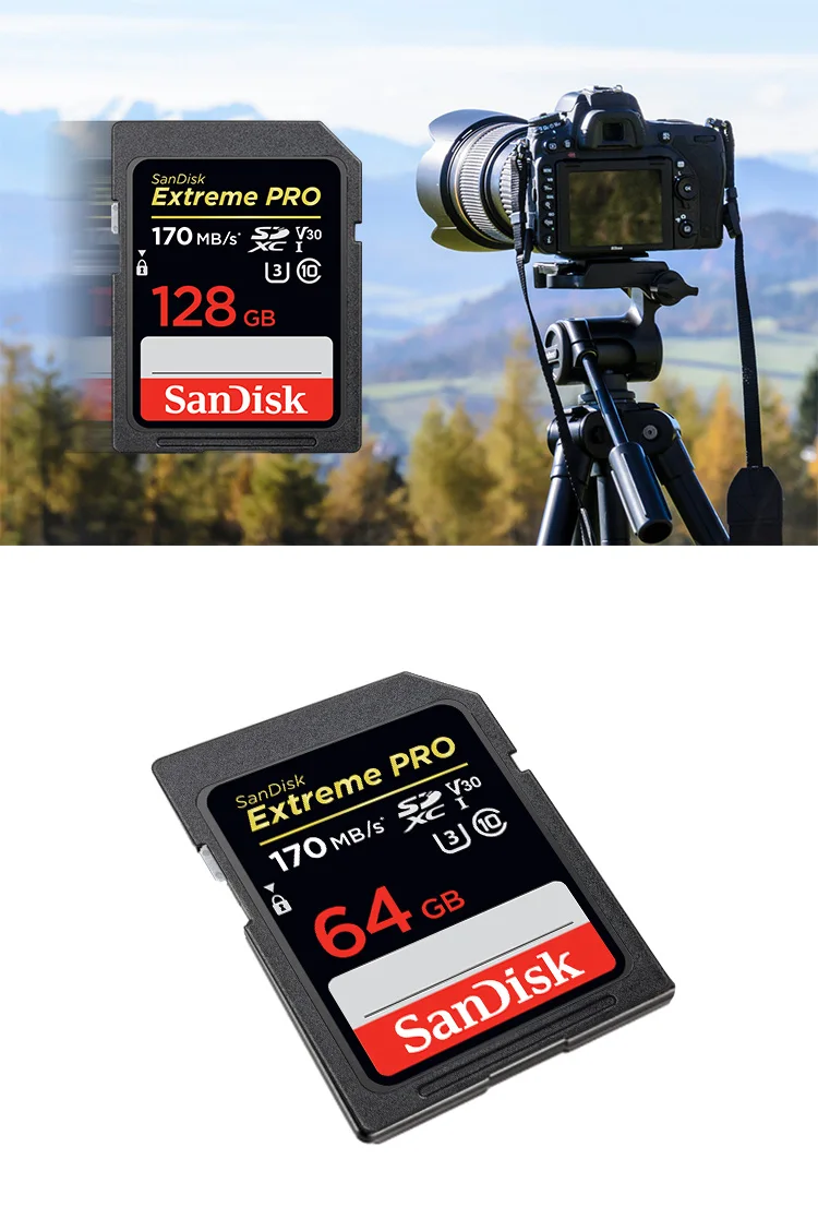 Двойной флеш-накопитель SanDisk SD Card 64 Гб 128 256 V30 Max чтение Скорость 170 МБ/с. Class 10 U3 UHS-I Extreme Pro карты памяти 4K для Камера