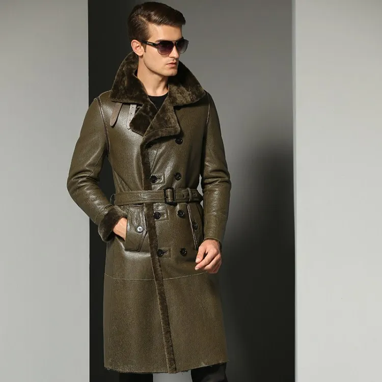 Khaki green Шуба из натуральной овчины мужской двубортный длинный натуральная кожа одежда зима натуральный мех пальто большой размер 5XL 6XL 7XL - Цвет: Khaki green