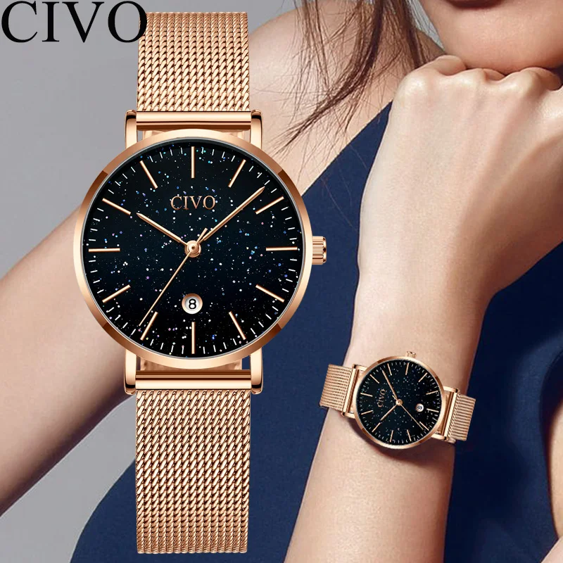 CIVO модные роскошные часы женские синие звездное небо лицо женские часы розовое золото сталь сетка водонепроницаемые кварцевые наручные часы Montre Femme