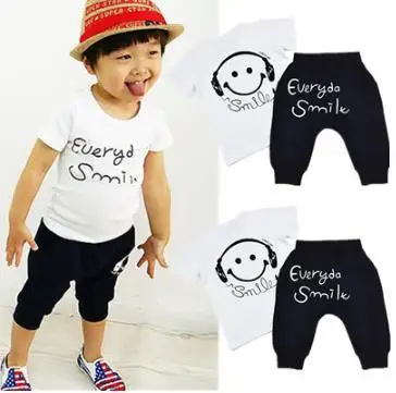 

Boys Summer Cotton Clothes sets Smile Face Printed Cute T-shirts+ pants kids pajama clothing set Baby