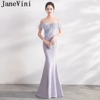 janevini feather robes de soiree long evening dresses with ostrich feather gray women mermaid sheer neck formal party gowns 2019