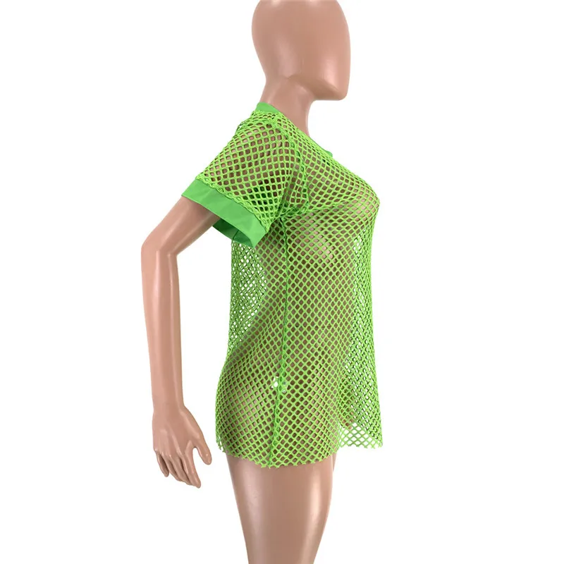 Сетчатая Прозрачная Футболка платье Пляжная накидка женское прозрачное летнее с