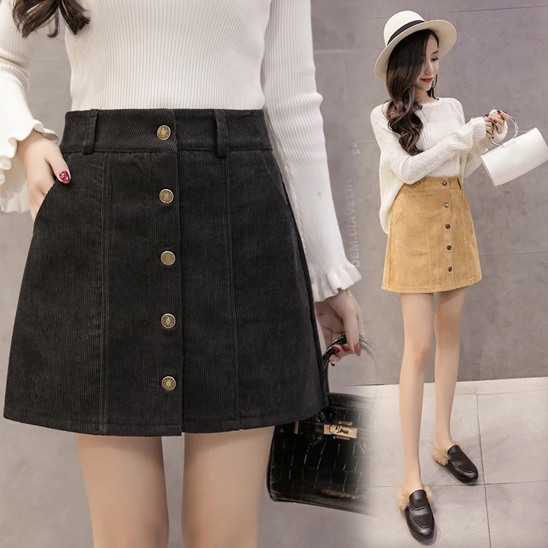Autumn Skirts Womens Korean Fashion Casual Corduroy Skirt Women Single Breasted A-Line High Waist Mini Jupe Femme Faldas | Женская