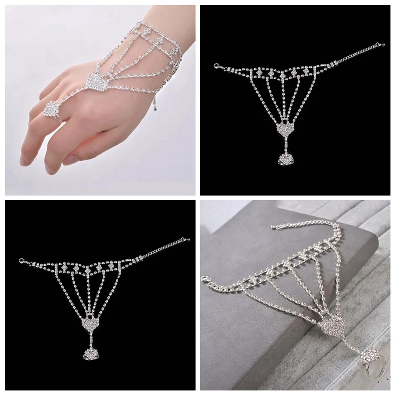 Fashion Famous Brand Jewelry Antique Silver Plated Women Girl Rhinestone Hand Bangle Chain Link Finger Ring Bracelet | Украшения и