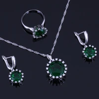 unique round green cubic zirconia white cz silver plated jewelry sets earrings pendant chain ring v0278