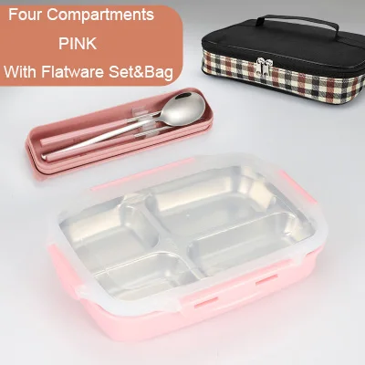 Pink 4 Flatware Bag GLANYOMI 304 Ланч-бокс из нержавеющей стали с отделениями, бэнто-бокс для детей, школьников, пикников, контейнер для еды - Цвет: Pink 4 Flatware Bag