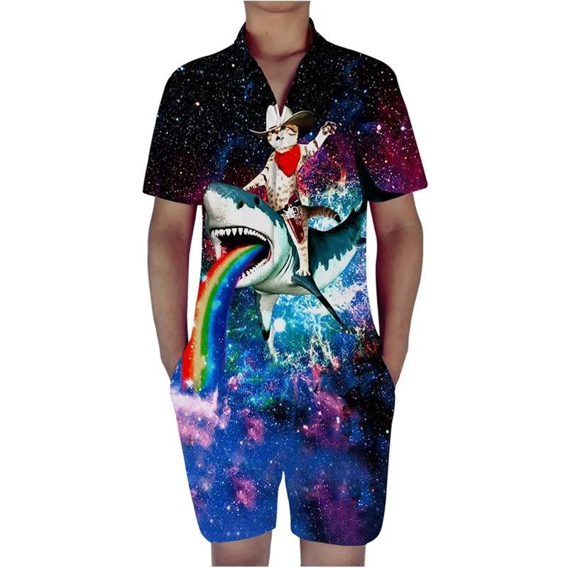 Galaxy Cat принт летние комбинезоны мужские 3d животных короткий комбинезон плейсьют