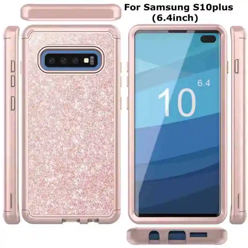 Гибридный 3в1 ТПУ и ПК чехол для samsung Galaxy S10plus Блестящий глиттер противоударный 6 4