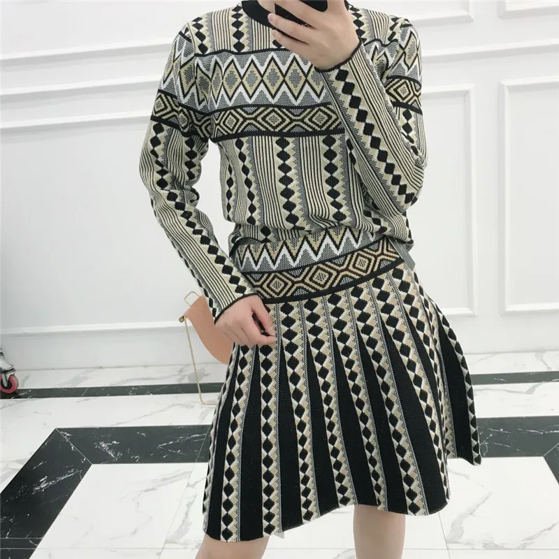 ALPHALMODA осень геометрический принт OL Повседневный свитер юбка костюм пуловер вязаный жакет+ юбка женский модный зимний комплект
