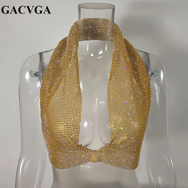 Кроп топ GACVGA с кристаллами 2019 блестящая Сексуальная футболка клубный жилет