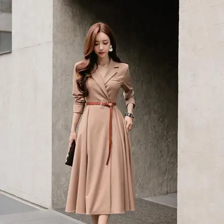 

Элегантное платье-трапеция с V-образным вырезом, длинное платье с длинным рукавом и поясом, плиссированное женское осеннее платье