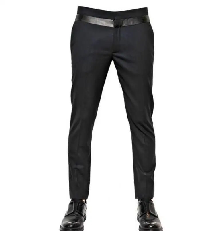 

27--42 HOT / Spring Men's New Personalized custom Fashion Front Door Spell Leather Nine Points Personality Leisure Trousers