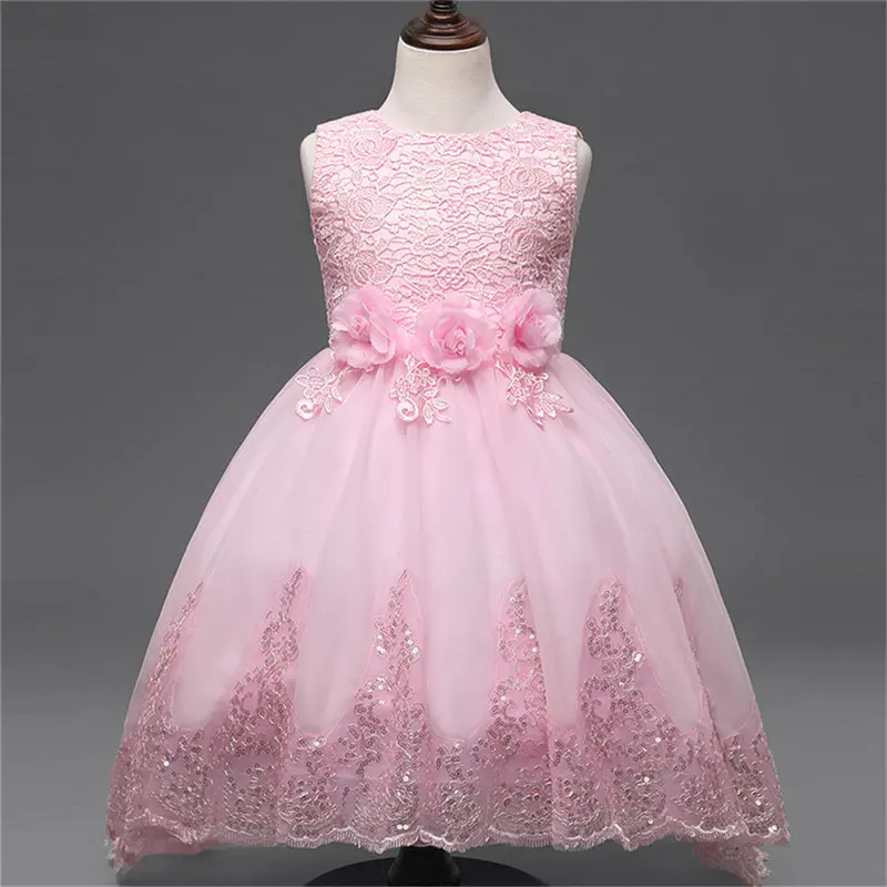 Pink Кружевные платья с блестками и цветочным узором для девочек; детское платье принцессы с длинным шлейфом; торжественные платья для свадебной церемонии; детское праздничное платье для выпускного вечера - Цвет: Pink