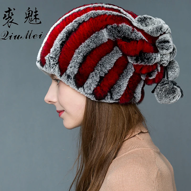 

Girls Rex Rabbit Fur Hat Real Fur Women Winter Hats Warm Skullies Striped Fur Cap Female Bonnet Lady Fur Beanies with Pompom
