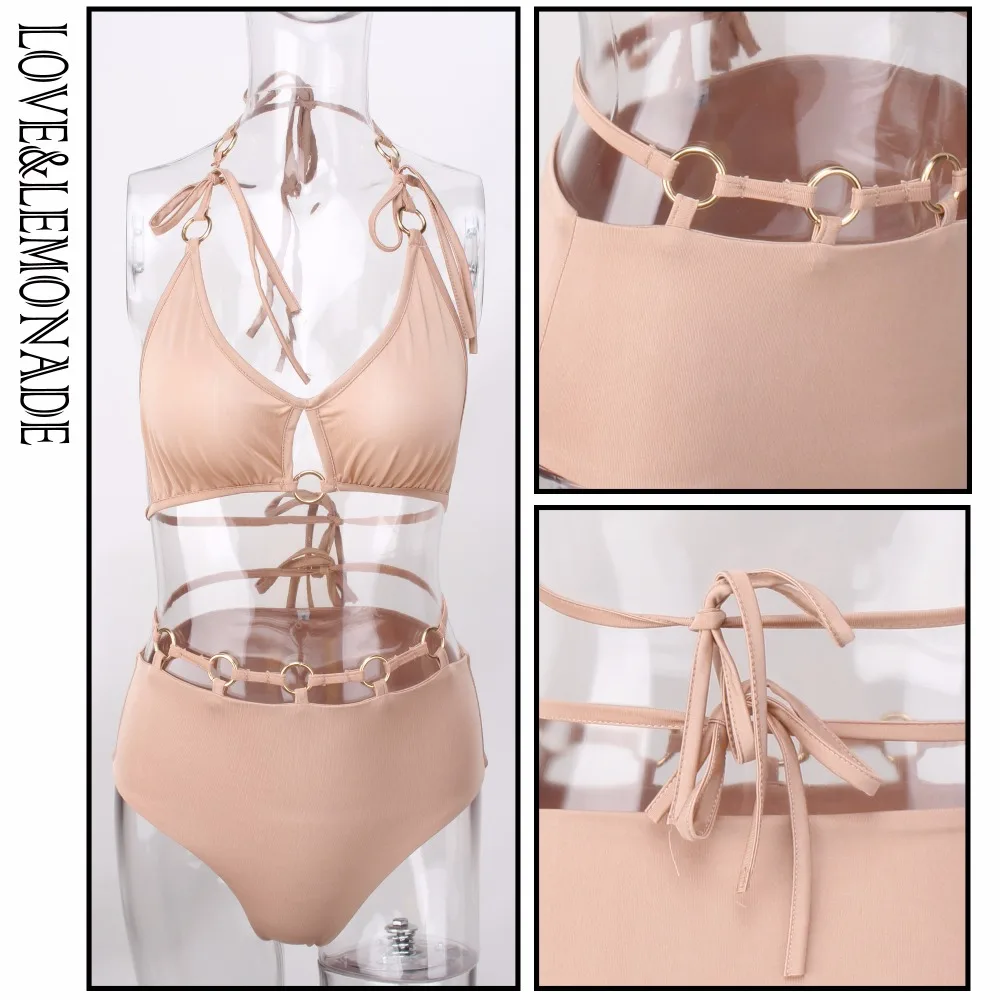 

LOVE & LEMONADE Nude Cut Out Metal Ring Decoration Two-Pieces Beach Sets LM0959
