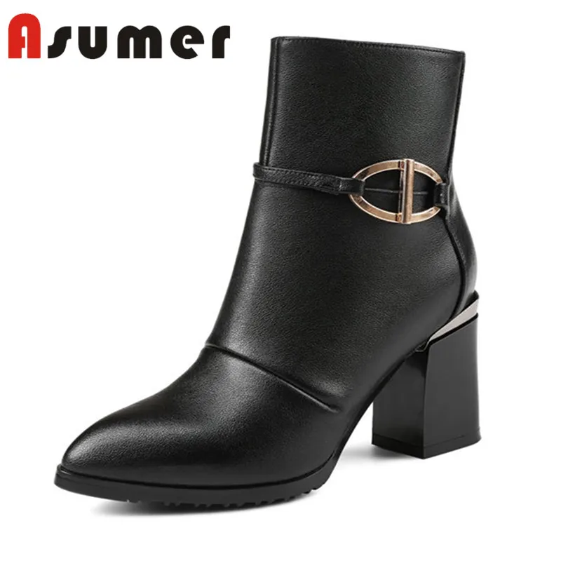 ASUMER FASHION 2020 hoof heels genuien leather boots classic black elegant ankle for women pointed toe high | Обувь