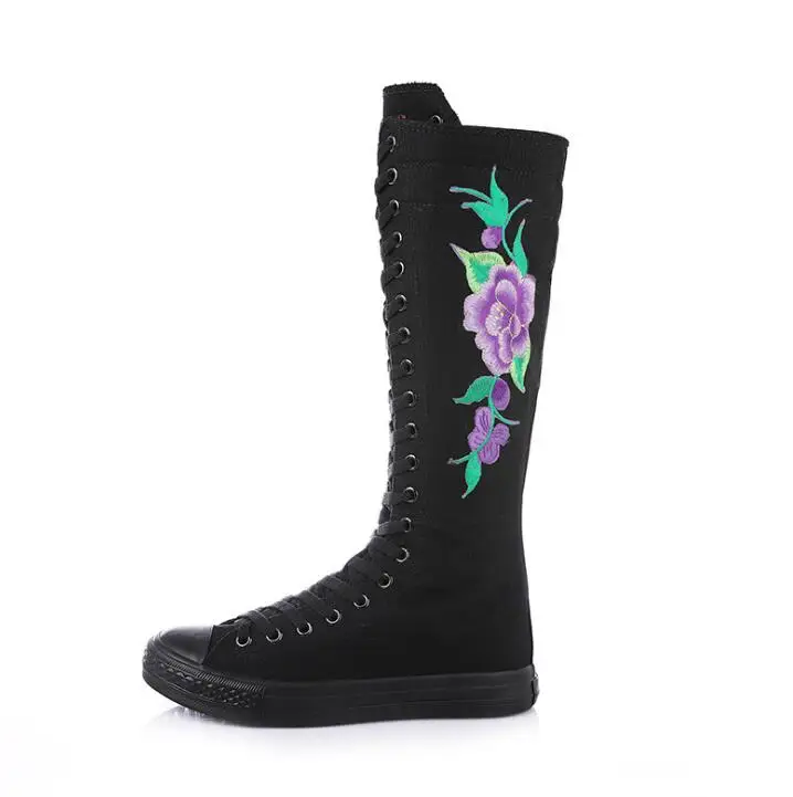 black purple flower Женские высокие парусиновые сапоги с цветочной вышивкой; женские сапоги до колена на молнии сбоку; сезон весна-осень; Женская парусиновая обувь; кроссовки на плоской подошве - Цвет: black purple flower