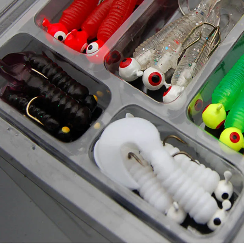21Pcs/Set Mini Soft Fishing Lure Lead Jig Head Hook Grub Worm Silicone Fish Baits for Ocean Carp FG66 | Спорт и развлечения