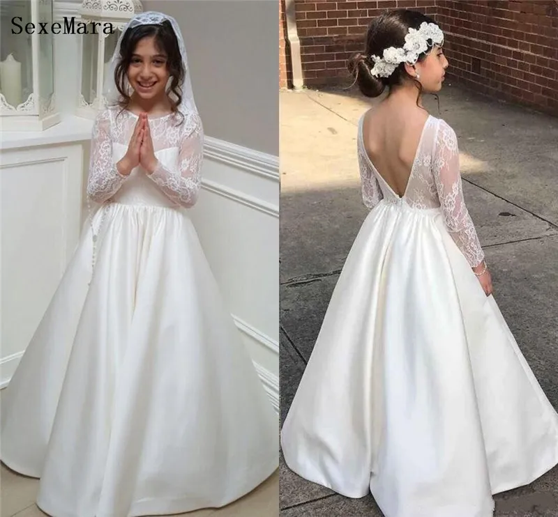 

White First Communion Dresses with Long Sleeves Lace Satin Backless Little Girls Dresses Wedding Party Gowns