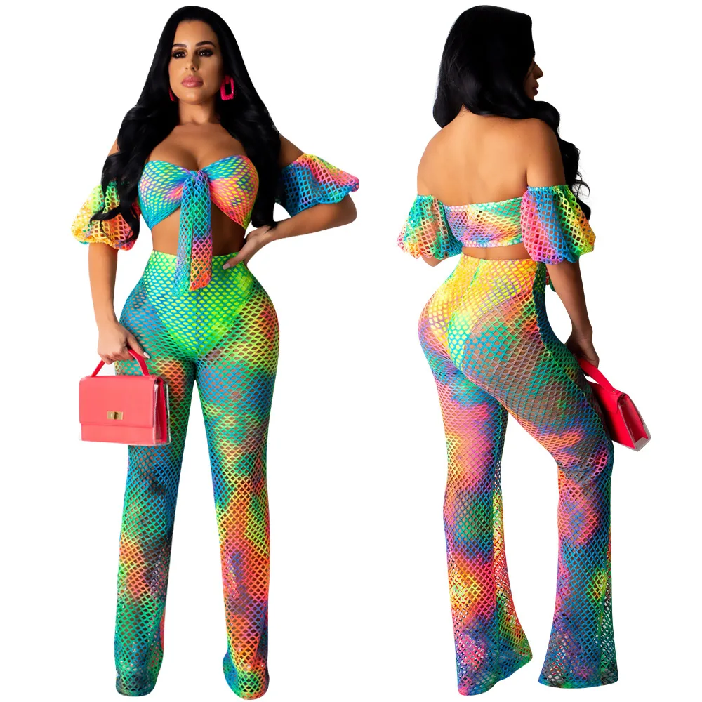 Сексуальный комплект из двух предметов Rainbow Tie Dye спортивный костюм ажурный