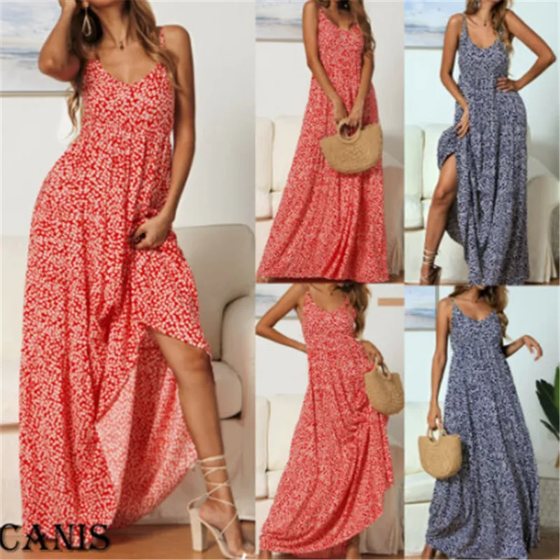 Summer Beach Long Dress Women Floral Print Boho Red Blue Maxi Casual V-Neck Sexy Spaghetti Strap Dresses For | Женская одежда