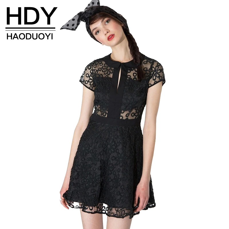 HDY Haoduoyi 2017 Новая Мода Mini Dress Женщин С Коротким Рукавом A Line Sweet Твердые Черное