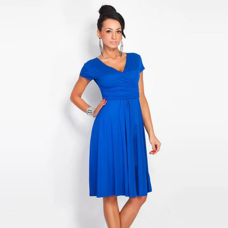 Liva Girl Women Deep v-neck Short Sleeve fold Summer Dresses Elegant Belted Tunic Party Cocktail Swing dress Vestidos BM1144 | Женская