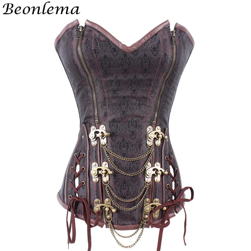 Beonlema стимпанк корсет, винтажный корсет, бюстье, металлическая пряжка, цепочка, Панк Ретро стиль, одежда, коричневый 6XL корсаж