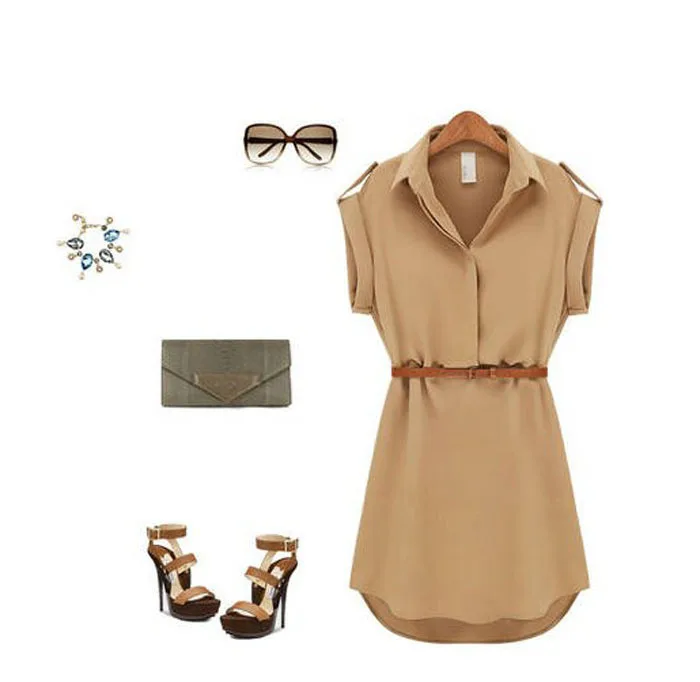 Feitong 2014 Hot Saels New Arrival 1PC Women Short Sleeve Belt Shirt Stretch Chiffon Casual OL Dress Free shipping &amp wholesale |