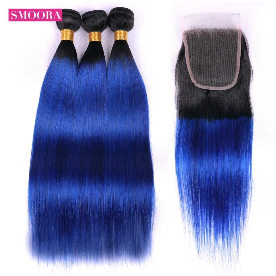 Smoora Ombre 1B/синие бразильские волосы, 3 пучка, прямые, не Реми, Омбре, человеческие волосы, плетение, пучки с кружевом, 4*4, часть