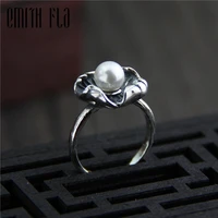 genuine 925 sterling silver female vintage open rings lotus leaf pearl design fashion jewelry for women opening adjustable ring