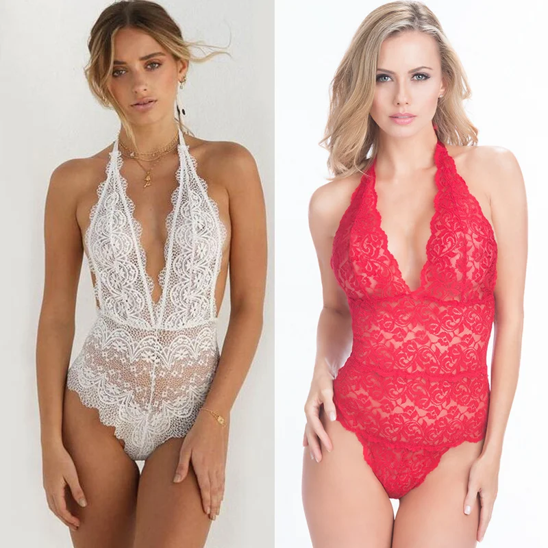 Порно Кружева Babydoll женщин сексуальное горячее эротическое боди с открытой промежностью Прозрачное нижнее белье Холтер спинки Тедди белье секс костюм