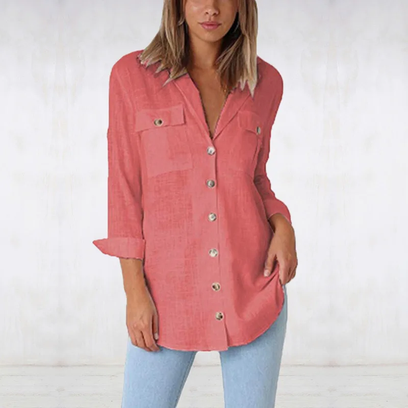 2019 New Women White Shirt Long Sleeve Black Long Shirt Pocket Women Clothing Streetwear Loose Blouse Elegant Women Tops Pink