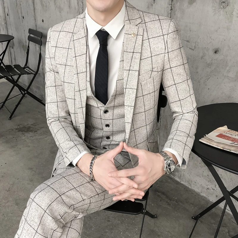 luxury Plaid Suit For Men (Jacket Vest Pant) 2019 New Fashion Party Wedding Suits Costume Mariage Homme Check Male | Мужская одежда