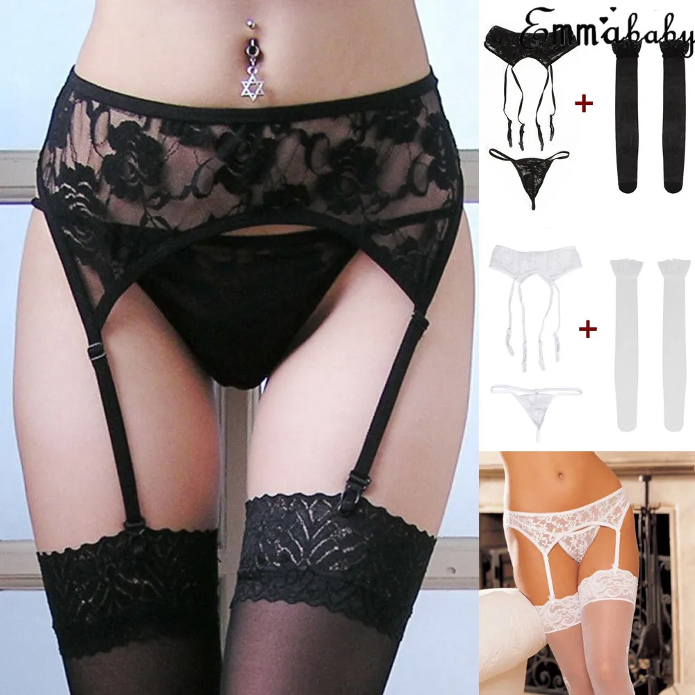 Женское сексуальное кружевное ночное белье Babydoll чулки с поясом нижнее белье стринги+ чулки с эластичным бортом нижнее белье